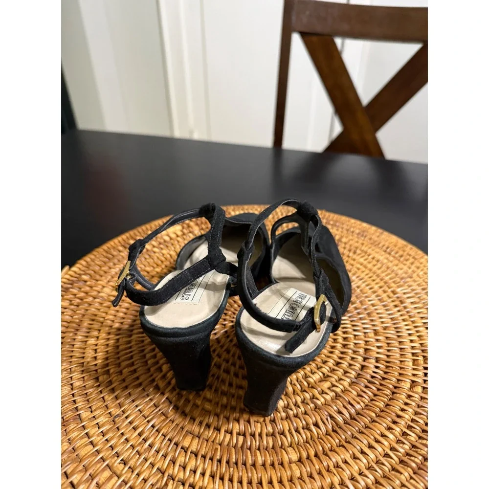 Studio Roma Black Suede Slingback Pumps T-Strap Block Heel Brazil Size 6.5 36